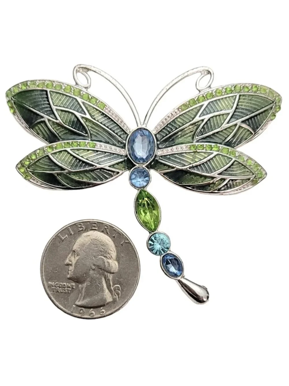 Napier Silver-Tone Green Blue Rhinestone Enamel Dragonfly Brooch Pin Signed E913
